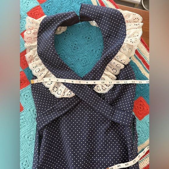 Vintage prairie dress- polka dot navy ruffle, lace cross tie maxi- XXS - Picture 13 of 14